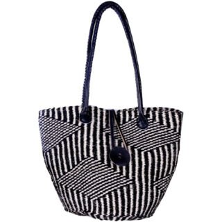 BLACK & WHITE HAND BAG WITH BLACK LEATHER HANDLES