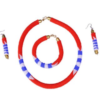 A SET OF RED, WHITE & BLUE ROUND SHAPED BEADED NECKLACE, BANGLE & EARRINGS