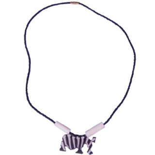 A BACK BEADED NECKLACE WITH A COW-BONE ZEBRA SHAPED PENDANT