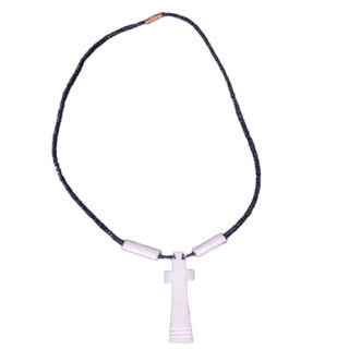 A BLACK BEADED NECKLACE WITH A CROSS SHAPED PENDANT